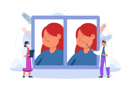 Woman face before and after plastic surgery vector illustration. Surgeons pointing at nose, preparing to alter body part of patient. Health care, beauty correction conceptのイラスト素材