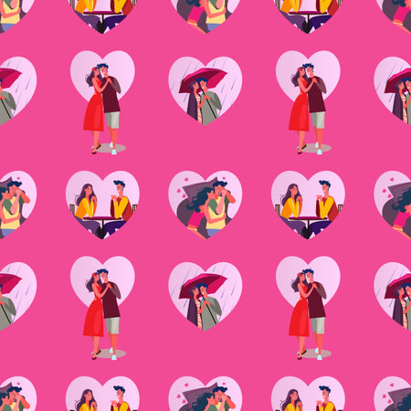 Happy couple in heart frame pattern vector illustration. Man and woman walking in rain, hugging, sleeping together, having dinner in restaurant. Love, romance, relationship conceptのイラスト素材