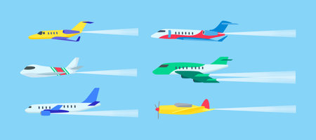 Smoke trails from airplanes vector illustration. Passenger or military jet plane flying in sky, leaving condensation cloud line. Aviation, air transportation, flight, army conceptのイラスト素材