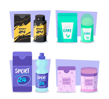 Deodorant designs for men and women vector illustrations set. Collection of cartoon drawings of deodorant packaging, colorful bottles or sprays, tubes and jars. Cosmetology, care, beauty conceptのイラスト素材