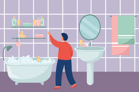 Man preparing for washing in bathtub vector illustration. Cartoon drawing of bathroom interior, tub with water and foam, sink, towels, washing products, hygiene procedures. Hygiene, interior conceptのイラスト素材