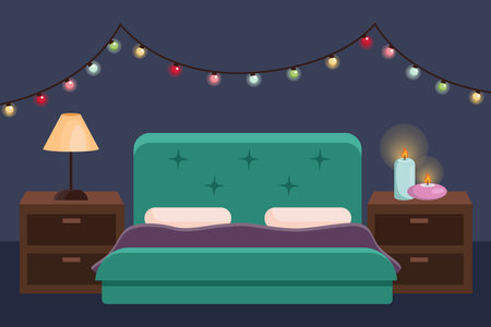 Lamp and candles on bedside tables vector illustration. Cartoon drawing of bedroom interior with bed, cabinets and sources of soft light, string lights. Furniture, interior design, bedtime conceptのイラスト素材