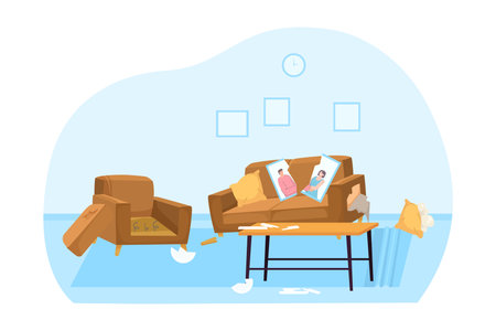 Room with broken furniture vector illustration. Destroyed couch and armchair with couple portrait broken in half after family fight. Domestic violence, abusive relationship conceptのイラスト素材