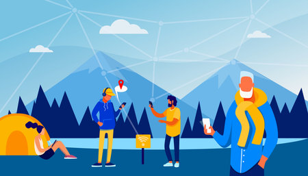 People using internet in rural areas vector illustration. Providing reliable and cheap network connection to tourists in forest and communities in remote towns. Telecommunication conceptのイラスト素材