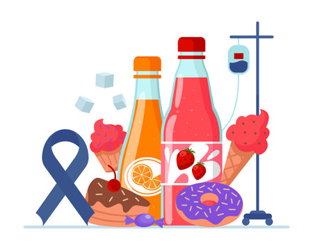 Harm of sweetener in junk food vector illustration. Bottles of soda, desserts, cakes, ice cream, donuts and sweets causing cancer. Harm of sugar, health care, medicine conceptのイラスト素材