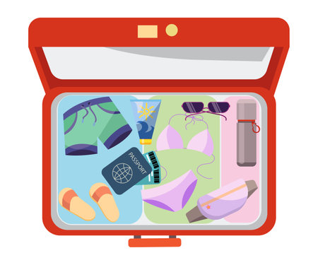 Travel essentials packed in suitcase vector illustration. Passport, plane tickets, swimsuit, underwear, sunglasses, sunscreen, slippers, belt bag for vacation. Summer, travel conceptのイラスト素材