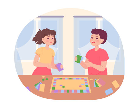 Happy brother and sister playing board games vector illustration. Cartoon drawing of siblings bonding over game, lifelong bond of boy and girl. Family, communication, entertainment conceptのイラスト素材
