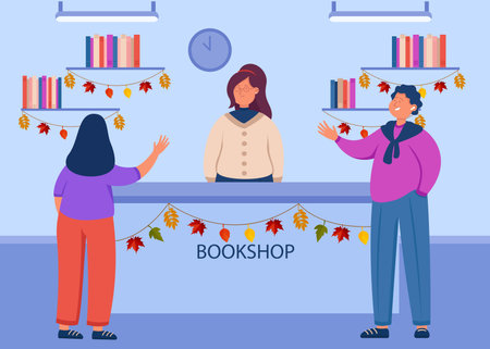 People at bookstore with autumn decor vector illustration. Cartoon drawing of customers buying books, leaf garlands on shelves. Literature, shopping, autumn, decoration conceptのイラスト素材