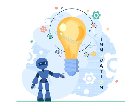 Comic robot looking at huge lightbulb vector illustration. Cartoon drawing of robotic character with bulb as symbol of new or innovative idea. Innovation, technology, AI, machine learning conceptのイラスト素材