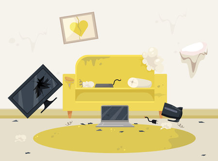 Room with broken furniture and appliances vector illustration. Cartoon drawing of damaged yellow sofa, TV, laptop, kettle, photo frame. Household, technology, damage, domestic violence conceptのイラスト素材