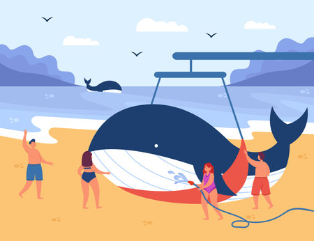 Volunteers rescuing wounded whale vector illustration. People returning animal to sea or ocean from beach to save from danger. Whale death, nature, rescue, ecology conceptのイラスト素材