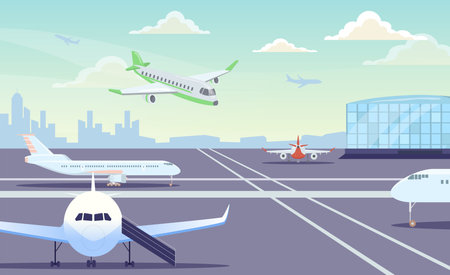 Airplanes flying and standing on runway vector illustration. Cartoon drawing of airport with passenger planes. Aviation, traveling, journey, vacation, transportation conceptのイラスト素材