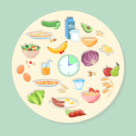 Circle with clock and products from different food groups. Dishes or meals for afternoon or lunch, vegetables, fruits, dairy vector illustration. Healthy food, nutrition, diet conceptのイラスト素材