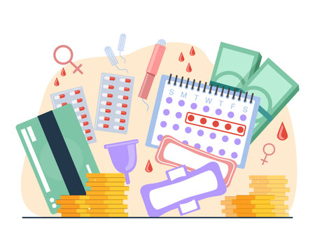 High cost of hygiene products for women during menstruation. Calendar with menstrual cycle, menstrual cup, pills, tampons vector illustration. Menstruation, female health, finances, gynecology conceptのイラスト素材