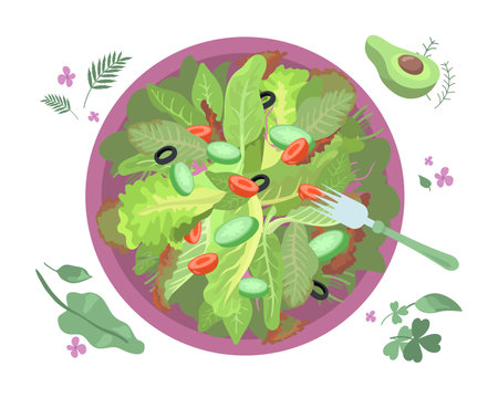 Healthy salad on plate vector illustration. Legumes, vegetables, spinach, avocado and other vegan ingredients mixed in bowl for plant-based diet. Vegan food, health care conceptのイラスト素材
