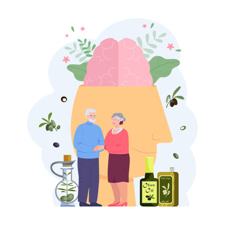 Olive oil helping dementia risk reduction vector illustration. Cartoon drawing of happy elderly couple, oil in bottles, big head with healthy brain. Dementia, health, diet or nutrition conceptのイラスト素材