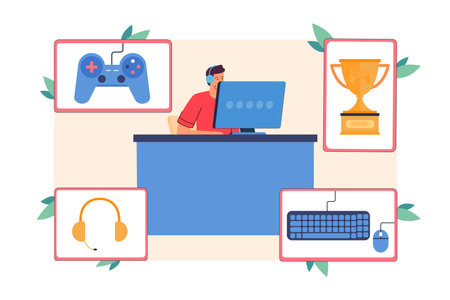 Professional gamer playing computer game vector illustration. Console controller, headphones, keyboard with mouse, competitive trophy for winning gaming competition. Gaming and esports conceptのイラスト素材