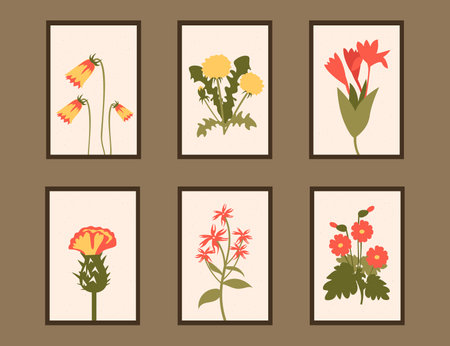 Different flowers in frames vector illustrations set. Colorful plants with petals and leafs of various shapes for botanical exhibition. Nature, art, planting, decoration conceptのイラスト素材
