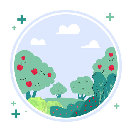 Garden full of food for strong immune system vector illustration. Cartoon drawing of circle with apple trees, bushes with berries, cabbages, green meadow. Immunity, health, nature concのイラスト素材