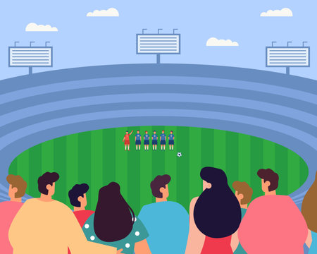 Spectators watching soccer match at stadium from tribunes.  Back view of audience watching tournament or championship vector illustration. Sports, championship, soccer conceptのイラスト素材
