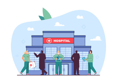 Silhouettes of doctors as symbol of shortage vector illustration. Cartoon drawing of hospital facade with female medical professionals with equipment. Medicine, healthcare, employment conceptのイラスト素材