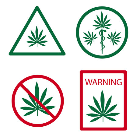 Cannabis symbols or labels vector illustrations set. Collection of cartoon drawings of medical marijuana, crossed leaf, warning sign. Marijuana, drugs, protection, law, treatment conceptのイラスト素材