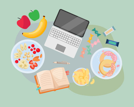 Healthy snack on work desk vector illustration. Laptop and notebook for working or studying, fruits, candies and nuts for eating on lunch break. Nutrition during work, food conceptのイラスト素材
