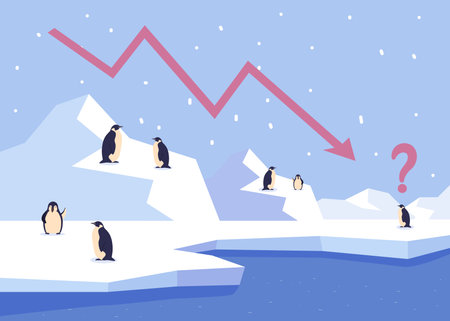 Emperor penguins region of Antarctica vector illustration. Risk quasi-extinction from sea ice loss in Antarctica. Nature, ice melting, ecology conceptのイラスト素材
