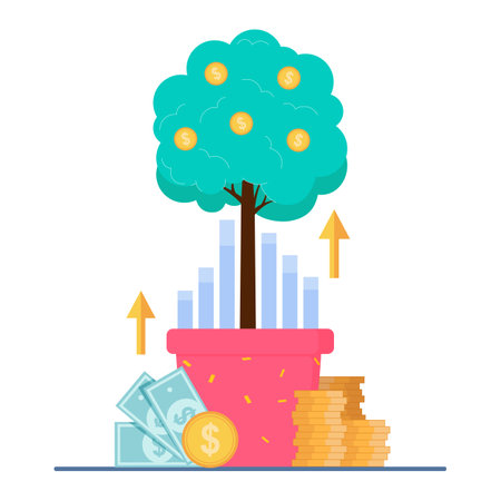 Money tree growing in pot vector illustration. Upward-trending bar charts and piles of money for business growth and development on white background. Finance, wealth, profit conceptのイラスト素材