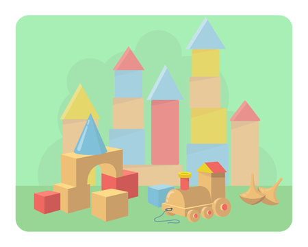 Wooden cubes and train for children vector illustration. Cartoon drawing of educational toys for baby development. Baby care, education, childhood, entertainment conceptのイラスト素材