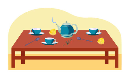 Traditional contemplative tea ceremony set vector illustration. Tea cups, spoons, teapot, lemons and herbals on table for practicing mindfulness and enjoying company. Tradition, wellness conceptのイラスト素材