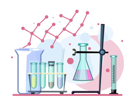 Laboratory setting for scientific research vector illustration. Test tubes, lab equipment, breakers for scientific breakthrough and cancer cure development. Education, science, medicine conceptのイラスト素材