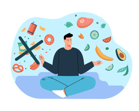 Young man rejecting junk food vector illustration. Person eating fruits, vegetables, meat and healthy alternatives, making positive changes to stay fit. Health care, food, weight loss conceptのイラスト素材