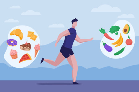 Man running away from sweets and desserts vector illustration. Male athlete exercising and choosing healthy food, vegetables and fruits to lose weight. Health care, food, sport conceptのイラスト素材