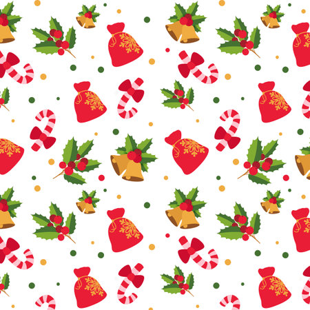 Pattern or ornament with Christmas symbols vector illustration. Cartoon pattern with golden bells, mistletoe, candy canes, bag with gifts. Christmas, winter holidays, decoration, celebration conceptのイラスト素材