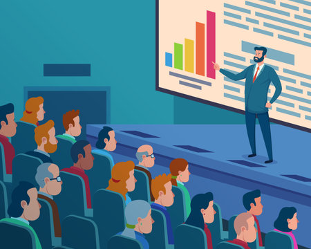 Lectures for business vector illustration. Cartoon drawing of business coach performs on stage in front of audience. Learning, conference, training, business education concept.のイラスト素材