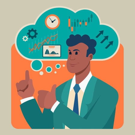 African American man with thumbs-up, speech bubble with business diagrams, graphs, clock. Flat vector illustration. Growth, success, finance, business conceptのイラスト素材