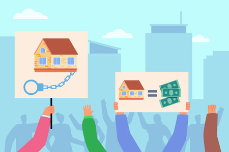 Hands holding placards with house and wristbands and money banknotes. Vector illustration. People protesting over high housing prices, rents and mortgage costs. Housing crisis, real estate conceptのイラスト素材
