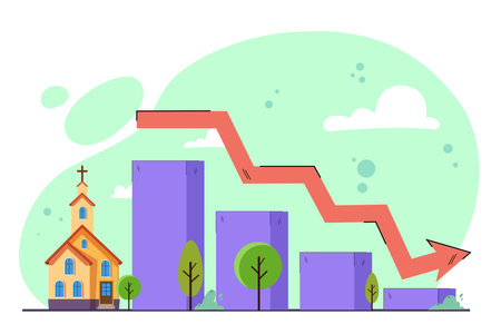 Church building and declining bar chart. Vector illustration. Decrease of popularity of religion, irreligiosity conceptのイラスト素材