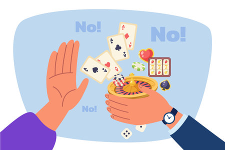 Stop gesture with hand, playing cards, roulette wheel, dices, poker chips, slot machine. Flat vector illustration. Restrictions, prohibitions of gambling conceptのイラスト素材