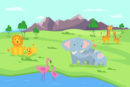 Animals cartoon vector illustration. Lions, elephants, giraffes and flamingos. Nature, wildlife conceptのイラスト素材