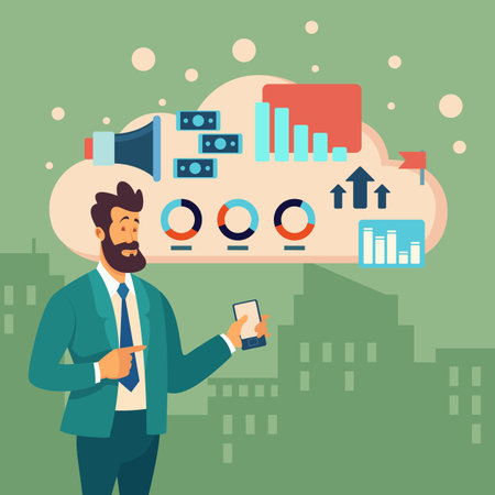 Businessman with smartphone thinking over business issues. Vector illustration. Speech bubble with charts, diagrams, money. Business problems, finance conceptのイラスト素材