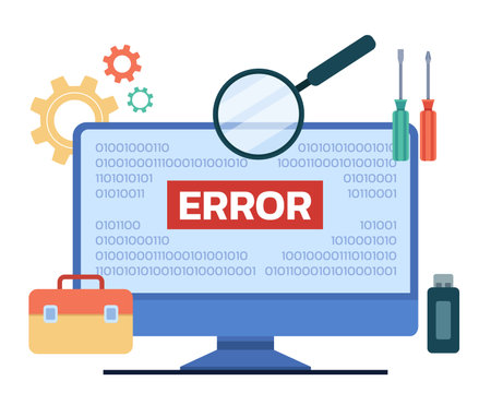 Huge computer monitor with magnifying glass, tools and error inscription. Flat vector illustration. Developing, testing, software debugging and error resolution conceptのイラスト素材