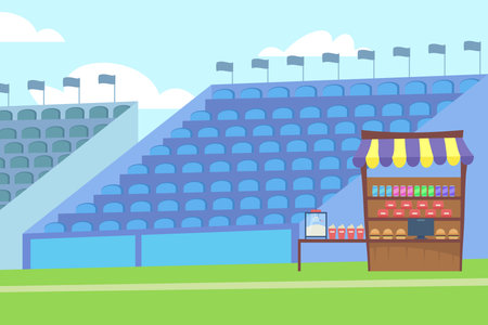 Concession stand at stadium vector illustration. Rows of seats on background. Sports event, cafe conceptのイラスト素材
