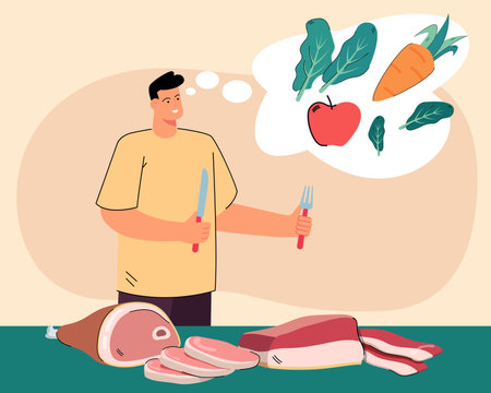 Man with fork and knife choosing vegetables instead of meat. Harm of eating red meat, vegetarianism conceptのイラスト素材