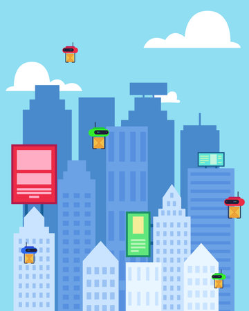 Cityscape with drone aircrafts delivering parcel vector illustration, skyscraper on background. Modern city, technological advancements conceptのイラスト素材