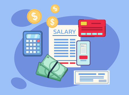 Salary calculation vector illustration. Cash money, credit card, cheque book, calculator. Payroll processing, employee compensation conceptのイラスト素材