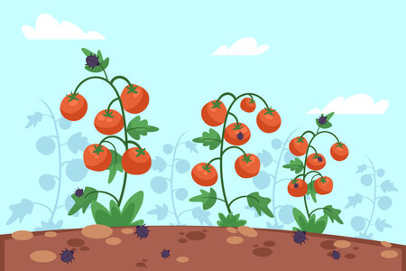Colorado beetles eating tomatoes in garden vector illustration. Insect pest invasion, crop destruction conceptのイラスト素材