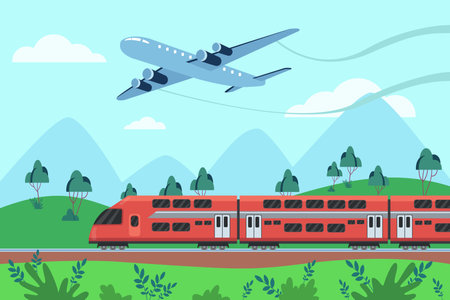 Competition of low-cost air flights and high-speed trains trips. Flat vector illustration. Travelling by airplane versus travelling by train. Means of transport, tranportation conceptのイラスト素材