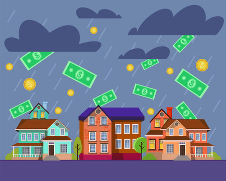 Money rain over expensive houses vector illustration. Tension in rental market. Housing crisis, real estate problem conceptのイラスト素材